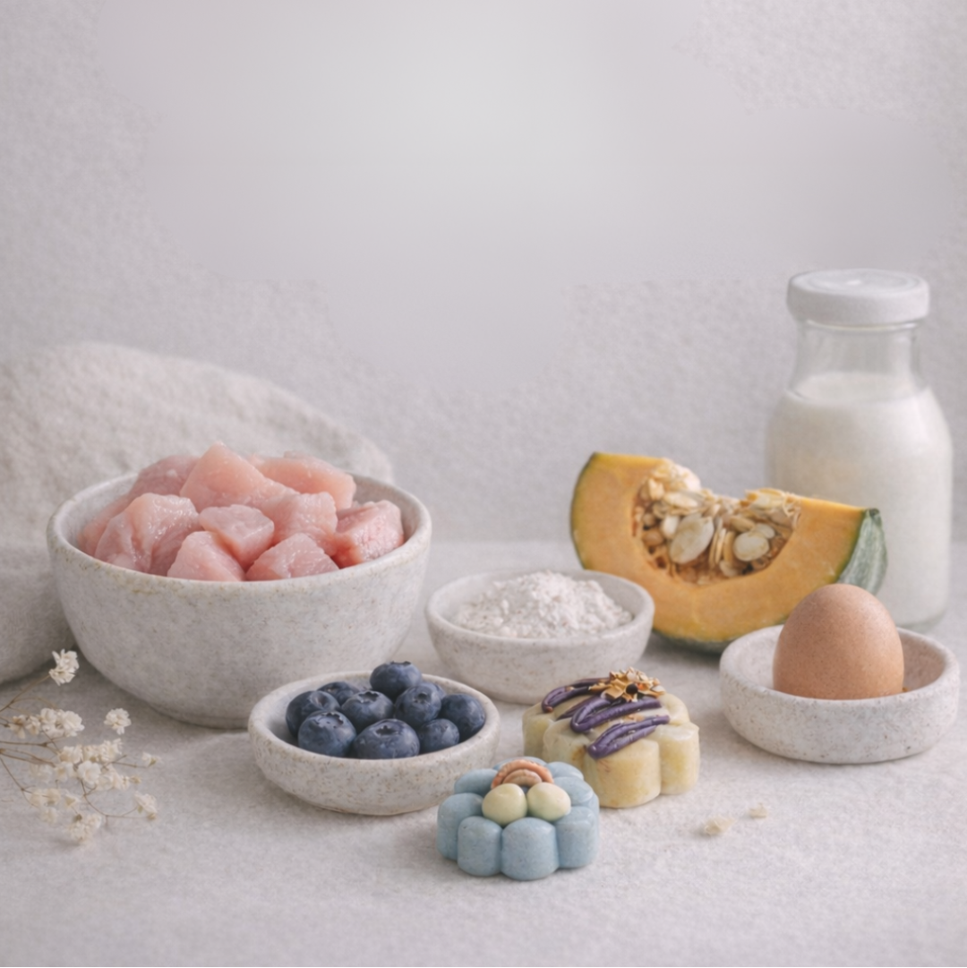 Assorted food items including fruits, vegetables, and a bottle on a light surface with a neutral background